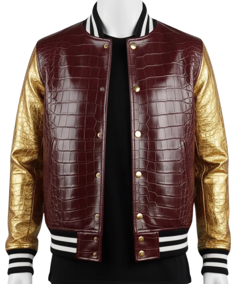 A premium handcrafted dark red and gold leather varsity jacket featuring crocodile embossed textures and a Varsity Jacket Leather Jacket design.