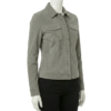 A premium greyish green women's suede jacket with handmade stitching.