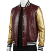 A premium handcrafted dark red and gold leather varsity jacket featuring crocodile embossed textures and a Varsity Jacket Leather Jacket design.