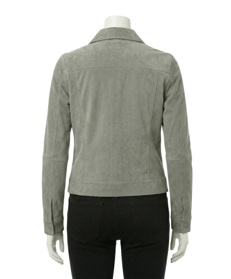A premium greyish green women's suede jacket with handmade stitching.
