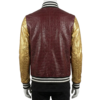 A premium handcrafted dark red and gold leather varsity jacket featuring crocodile embossed textures and a Varsity Jacket Leather Jacket design.