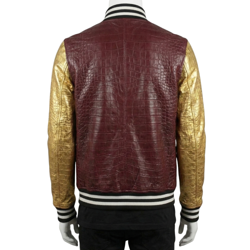 A premium handcrafted dark red and gold leather varsity jacket featuring crocodile embossed textures and a Varsity Jacket Leather Jacket design.