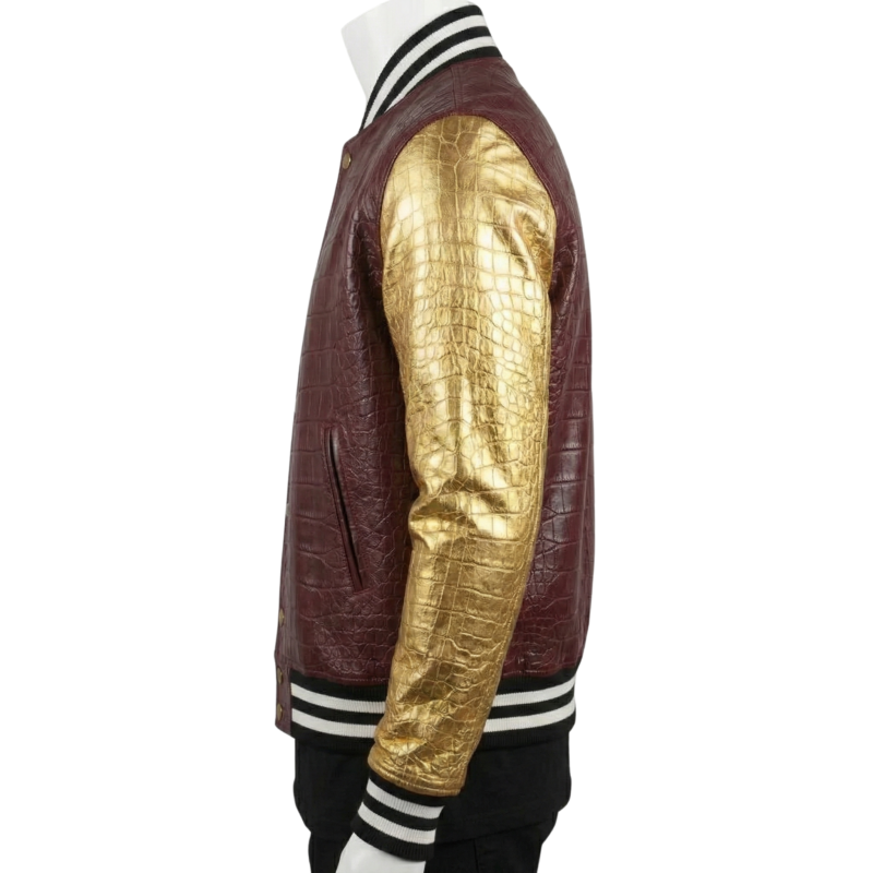 A premium handcrafted dark red and gold leather varsity jacket featuring crocodile embossed textures and a Varsity Jacket Leather Jacket design.
