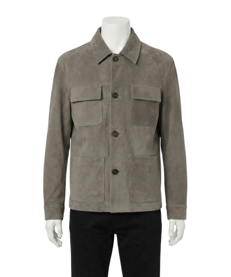 A premium handcrafted greyish brown suede leather jacket for men featuring a Mens Suede Leather Jacket design.
