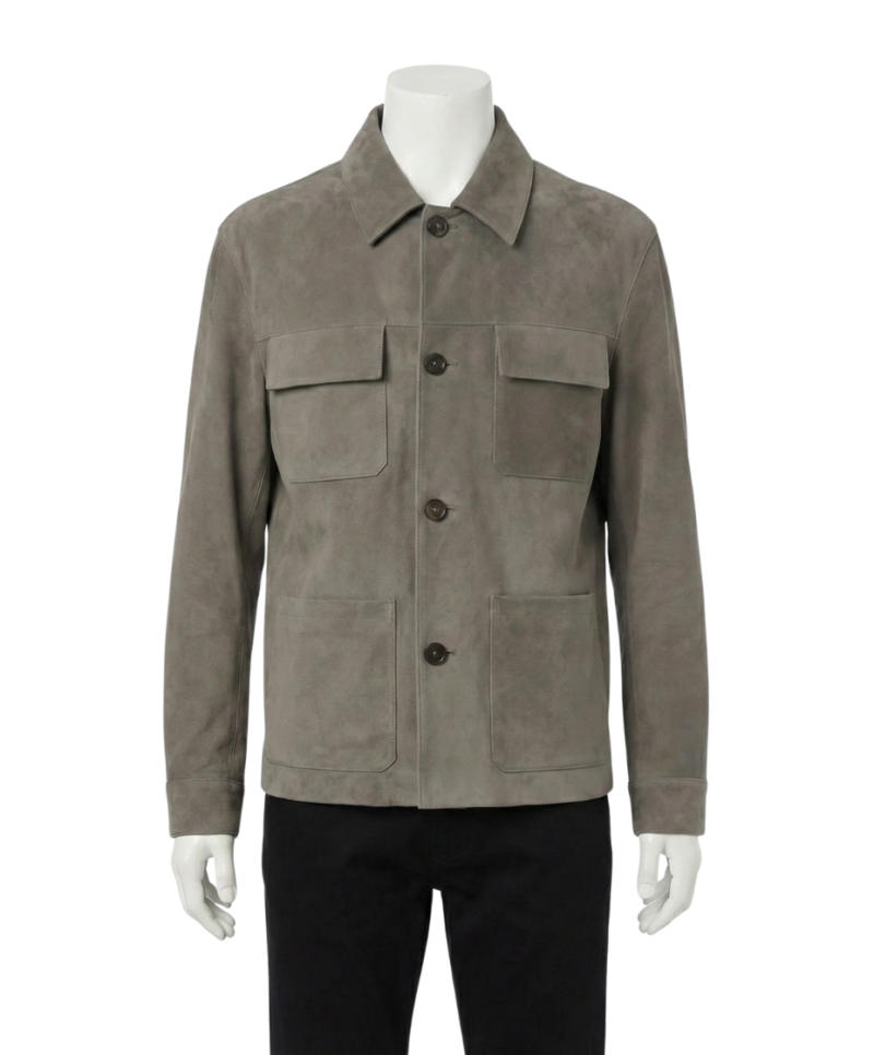 A premium handcrafted greyish brown suede leather jacket for men featuring a Mens Suede Leather Jacket design.