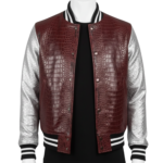 A premium handcrafted maroon and silver leather varsity jacket with crocodile embossed textures and a jacket varsity jacket design.