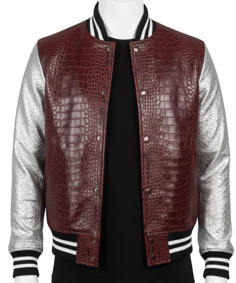 A premium handcrafted maroon and silver leather varsity jacket with crocodile embossed textures and a jacket varsity jacket design.