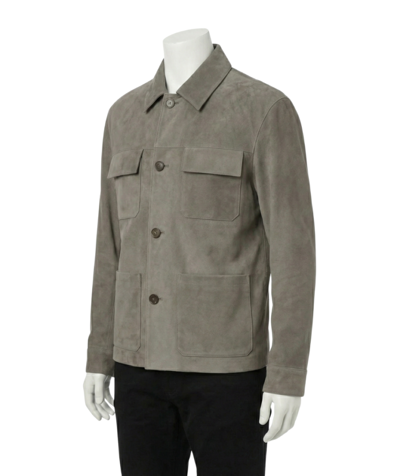 A premium handcrafted greyish brown suede leather jacket for men featuring a Mens Suede Leather Jacket design.