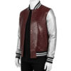A premium handcrafted maroon and silver leather varsity jacket with crocodile embossed textures and a jacket varsity jacket design.