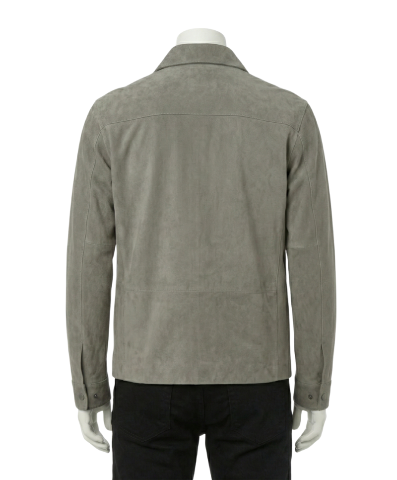 A premium handcrafted greyish brown suede leather jacket for men featuring a Mens Suede Leather Jacket design.