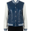 A high-end navy and white crocodile leather varsity jacket for women.