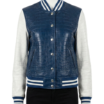 A high-end navy and white crocodile leather varsity jacket for women.