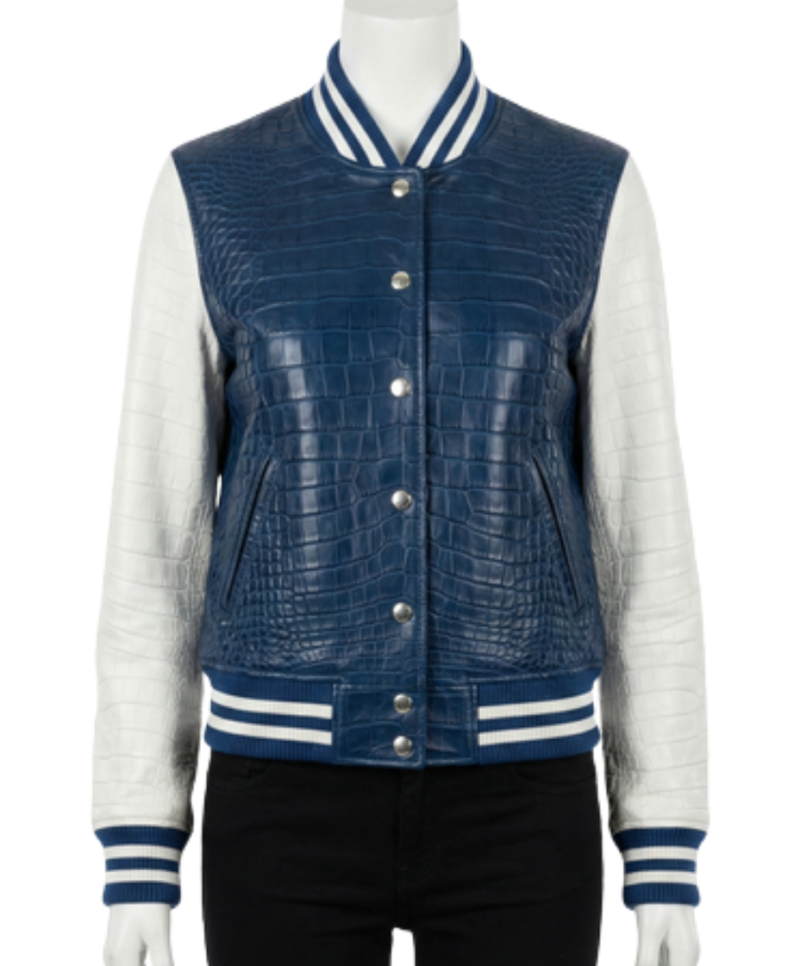 A high-end navy and white crocodile leather varsity jacket for women.