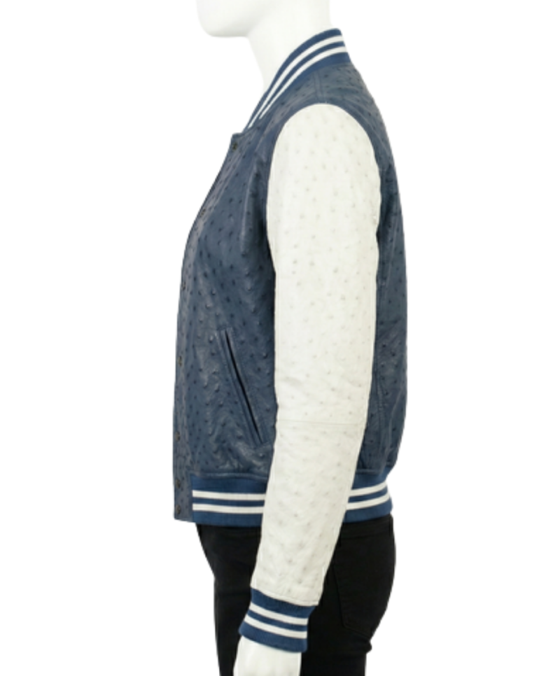 A high-end dusty navy ostrich leather varsity jacket for women.