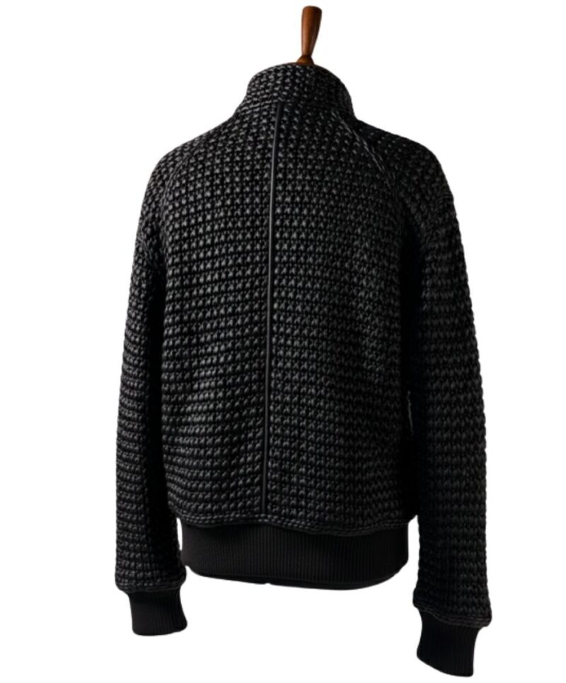 A high-end leather jacket women featuring a detailed leather black leather jacket woven texture.