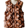 A high-resolution image of a cinnamon woven garment showcasing a leather long vest women design for luxury wear.