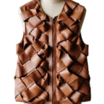 A high-resolution image of a cinnamon woven garment showcasing a leather long vest women design for luxury wear.