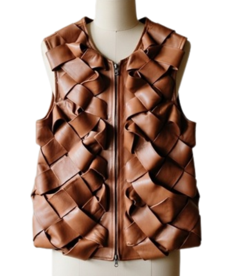 A high-resolution image of a cinnamon woven garment showcasing a leather long vest women design for luxury wear.