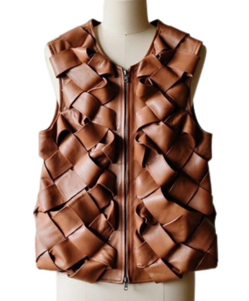 A high-resolution image of a cinnamon woven garment showcasing a leather long vest women design for luxury wear.
