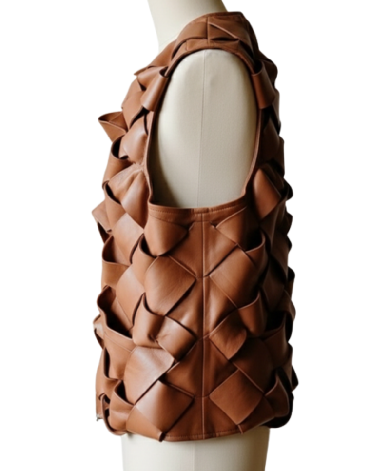 A high-resolution image of a cinnamon woven garment showcasing a leather long vest women design for luxury wear.