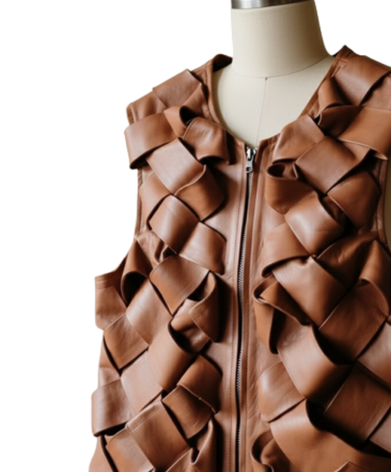 A high-resolution image of a cinnamon woven garment showcasing a leather long vest women design for luxury wear.