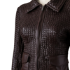 A high-end woven deep red leather jacket women with intricate texture.