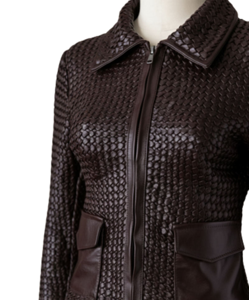 A high-end woven deep red leather jacket women with intricate texture.