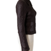 A high-end woven deep red leather jacket women with intricate texture.