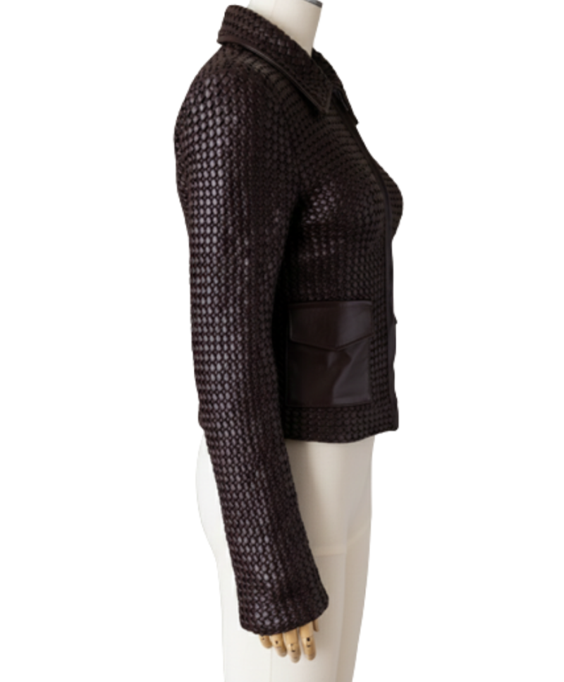 A high-end woven deep red leather jacket women with intricate texture.