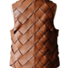 A high-resolution image of a cinnamon woven garment showcasing a leather long vest women design for luxury wear.