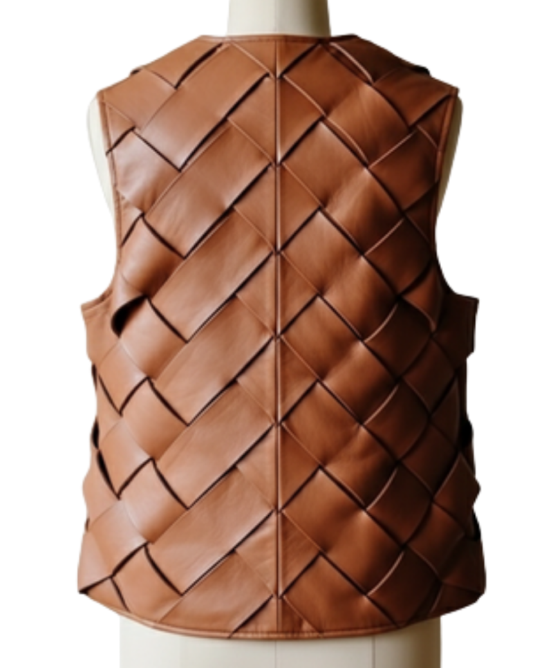 A high-resolution image of a cinnamon woven garment showcasing a leather long vest women design for luxury wear.