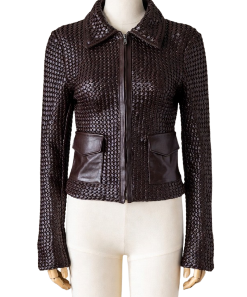 A high-end woven deep red leather jacket women with intricate texture.