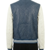 A high-end dusty navy ostrich leather varsity jacket for women.