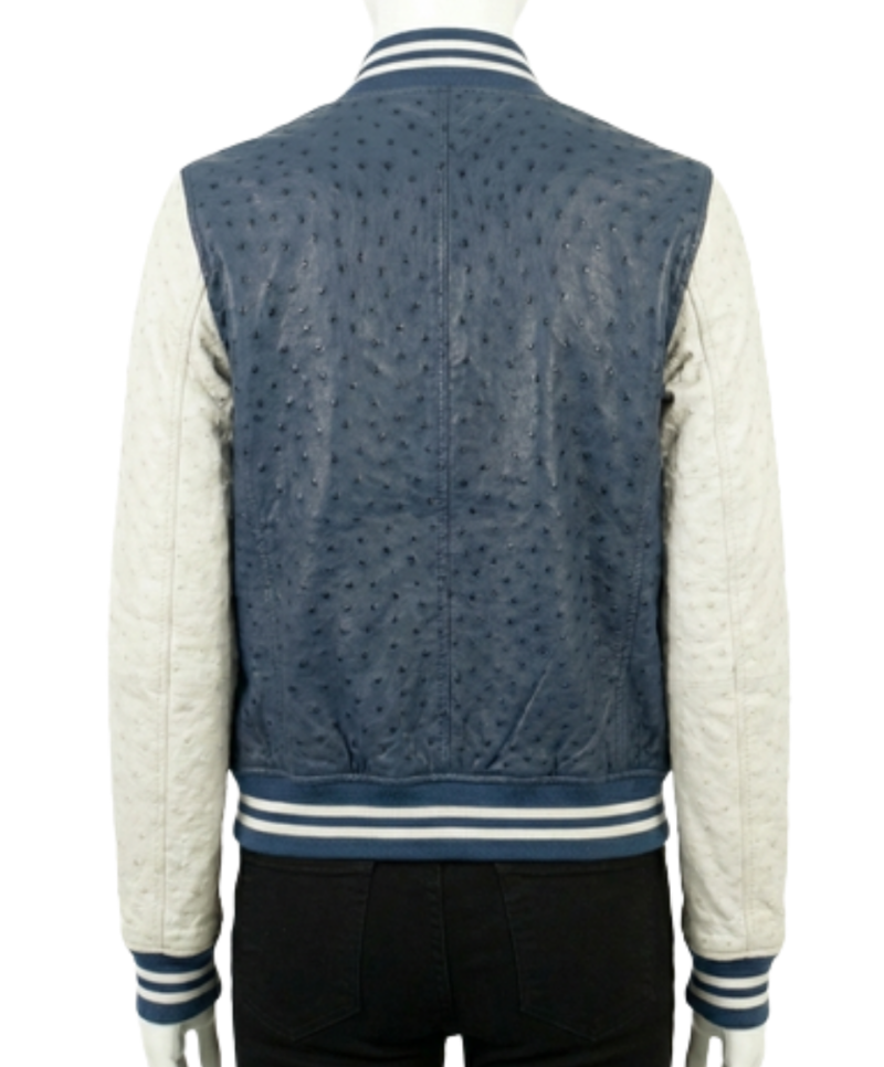 A high-end dusty navy ostrich leather varsity jacket for women.