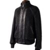 A high-end leather jacket women featuring a detailed leather black leather jacket woven texture.