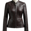 A handcrafted charcoal brown interlaced leather jacket women showing the dark brown leather jacket women texture.