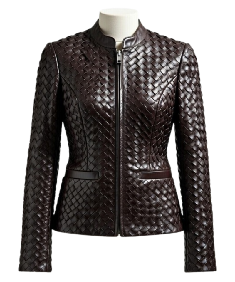 A handcrafted charcoal brown interlaced leather jacket women showing the dark brown leather jacket women texture.