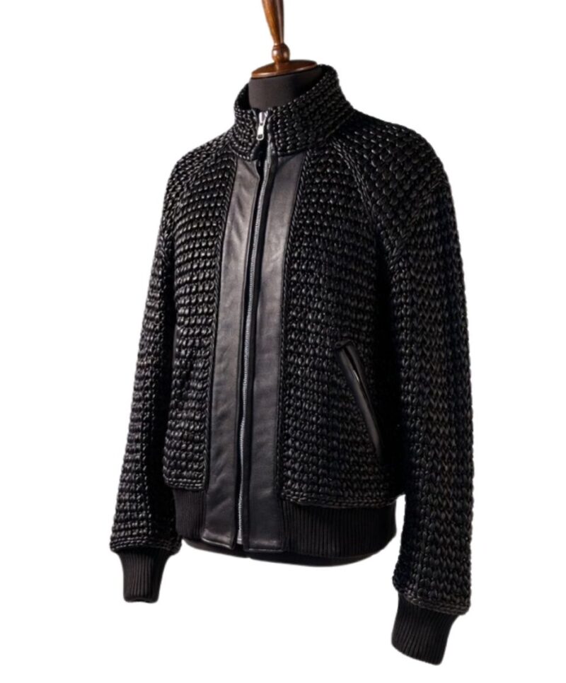 A high-end leather jacket women featuring a detailed leather black leather jacket woven texture.