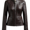 A high-end woven dark brown leather jacket women with intricate texture.