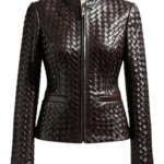 A high-end woven dark brown leather jacket women with intricate texture.