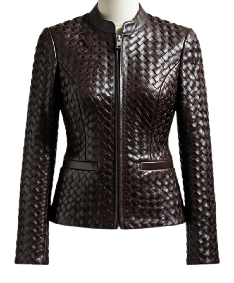 A high-end woven dark brown leather jacket women with intricate texture.