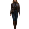 A high-end woven dark brown leather jacket women with intricate texture.