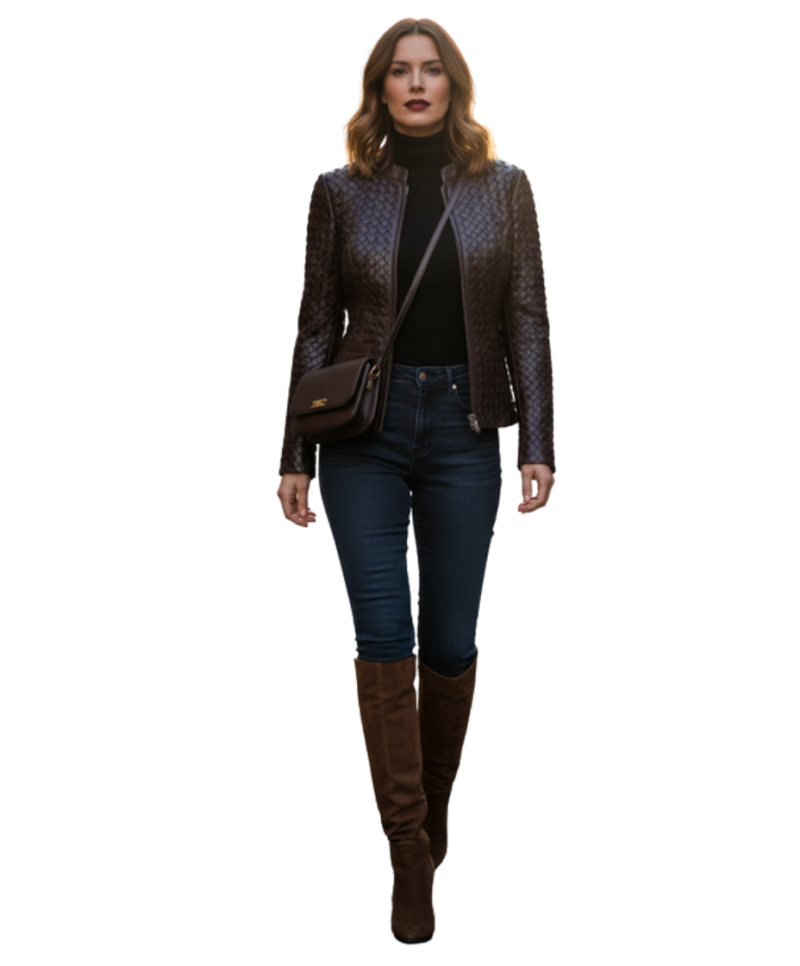 A high-end woven dark brown leather jacket women with intricate texture.