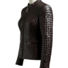 A high-end woven dark brown leather jacket women with intricate texture.