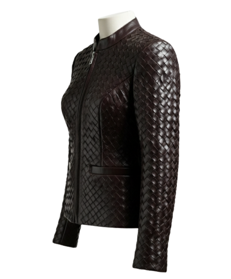 A high-end woven dark brown leather jacket women with intricate texture.