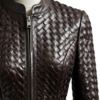 A high-end woven dark brown leather jacket women with intricate texture.