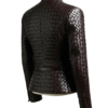 A high-end woven dark brown leather jacket women with intricate texture.