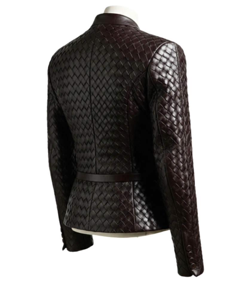 A high-end woven dark brown leather jacket women with intricate texture.
