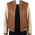 A high-end cognac and cream ostrich leather varsity jacket for women.