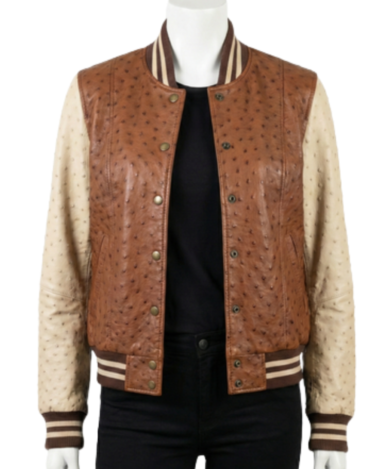 A high-end cognac and cream ostrich leather varsity jacket for women.